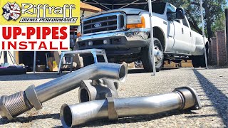 2001 F350 73  RiffRaff UpPipes Install  Stock up pipes leaking and falling apart JUNK SP [upl. by Susej]